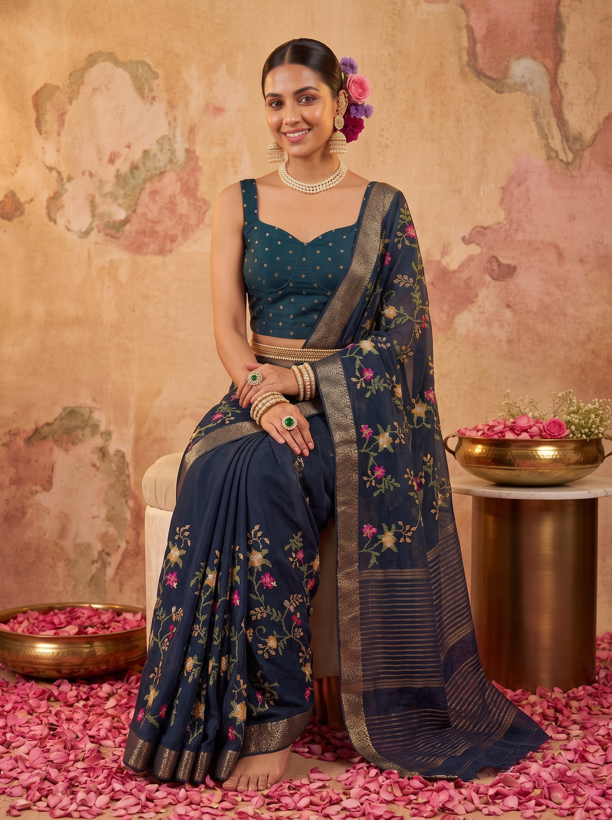 MIMOSA Navy Jaipur Saree — pose 8 styling detail