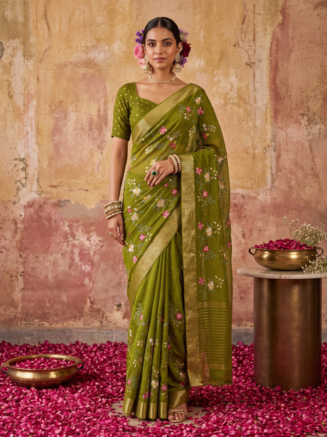 MIMOSA Olive Jaipur Pure Viscose Chiffon Saree — AI Model lifestyle