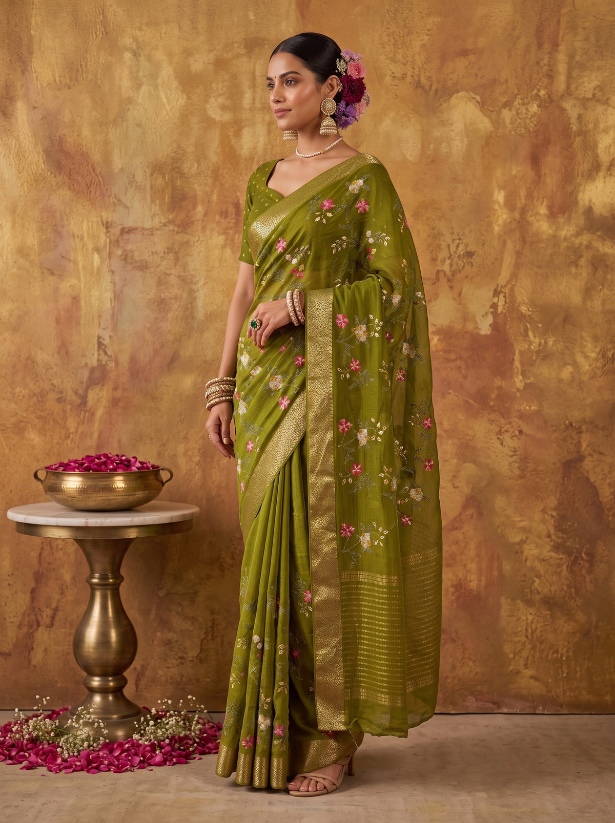 MIMOSA Olive Jaipur Saree — pose 3 styling detail
