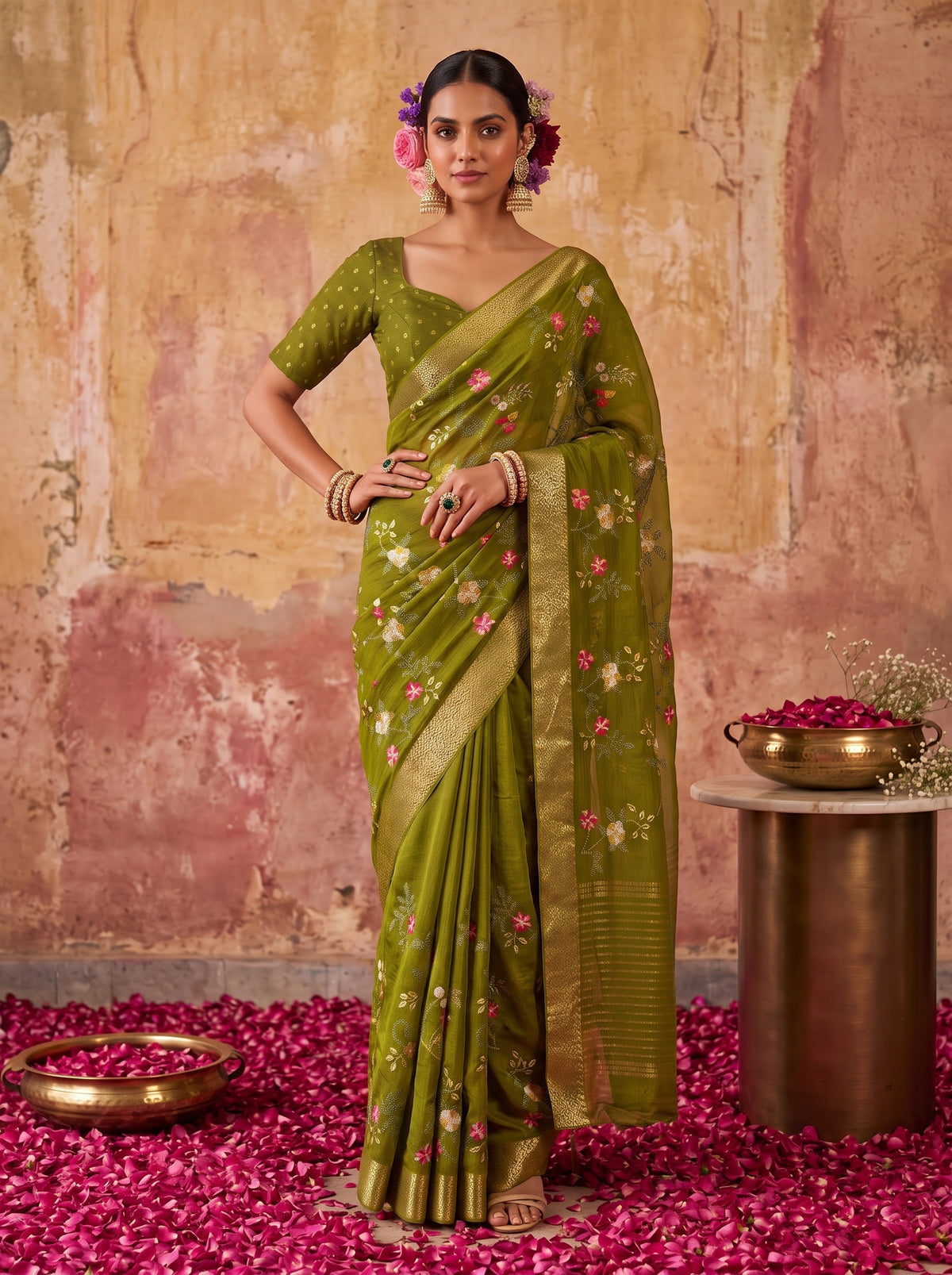 MIMOSA Olive Jaipur Saree — pose 4 styling detail