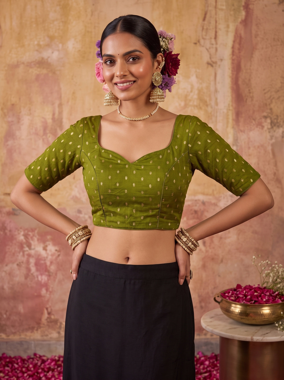 MIMOSA Olive Jaipur Saree — blouse close-up