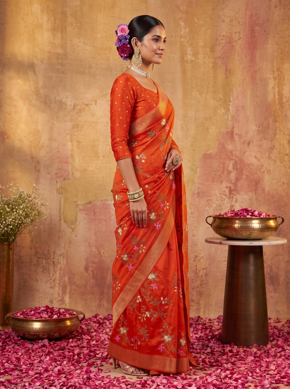 MIMOSA Orange Jaipur Saree — pose 3 styling detail