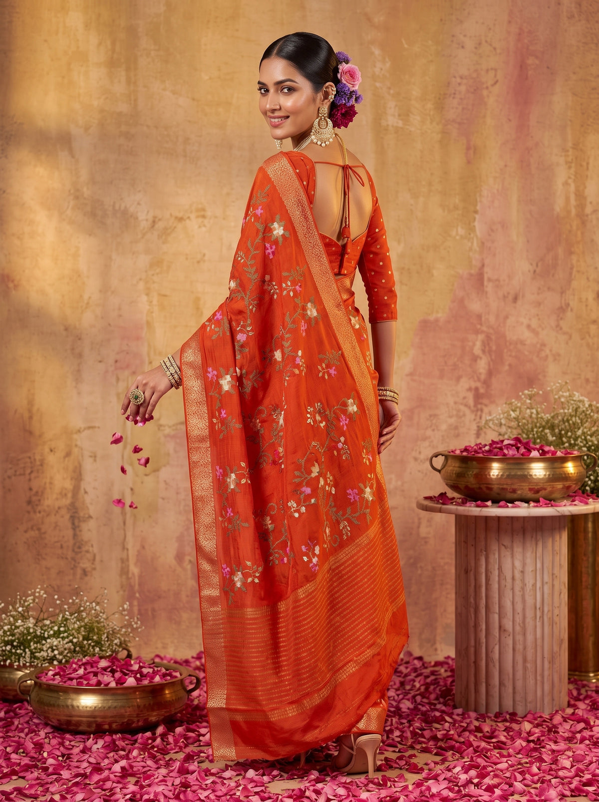 MIMOSA Orange Jaipur Saree — pose 7 styling detail