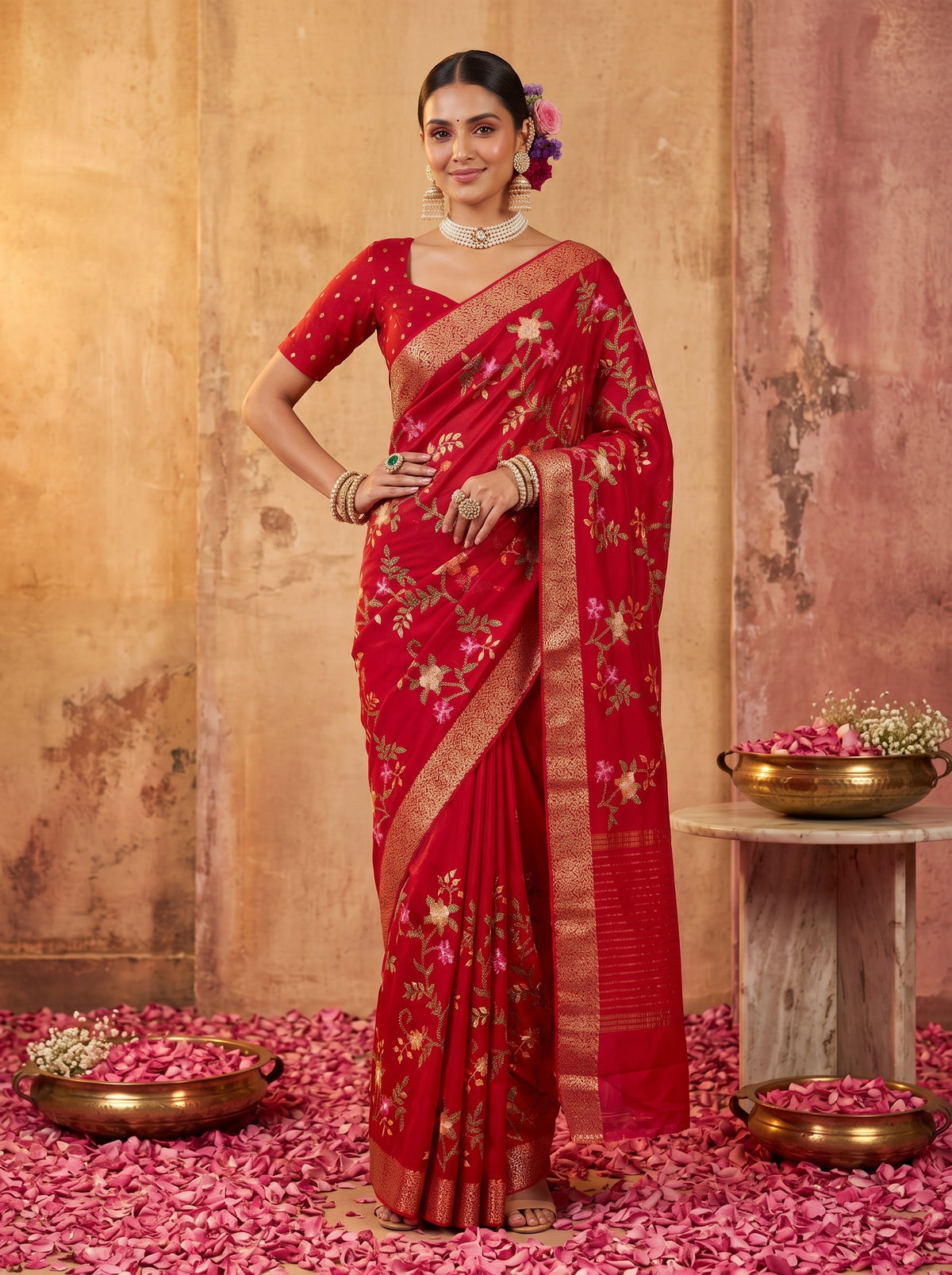 MIMOSA Red Jaipur Saree — pose 4 styling detail