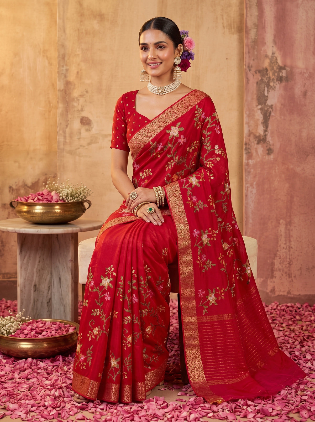 MIMOSA Red Jaipur Saree — pose 8 styling detail