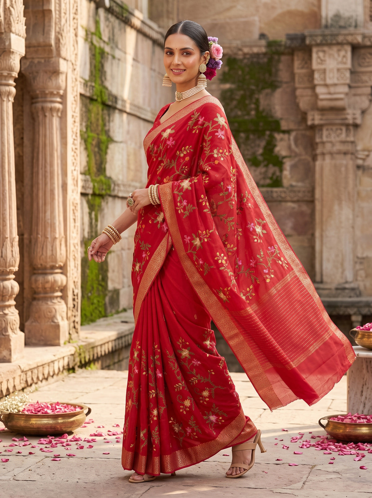 MIMOSA Red Jaipur Saree — pose 9 styling detail