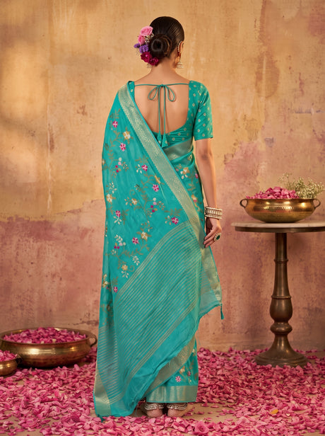 MIMOSA Rama Jaipur Pure Viscose Chiffon Saree — Saree shot pallu + body