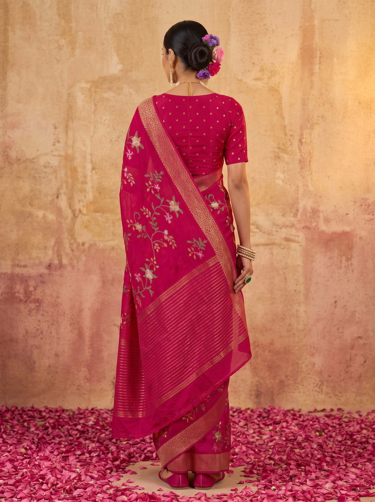 MIMOSA Rani Jaipur Pure Viscose Chiffon Saree — Saree shot pallu + body