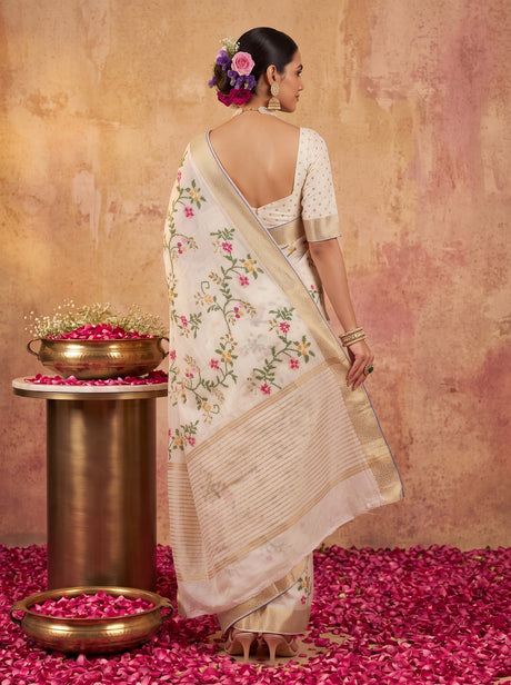 MIMOSA White Jaipur Pure Viscose Chiffon Saree — Saree shot pallu + body