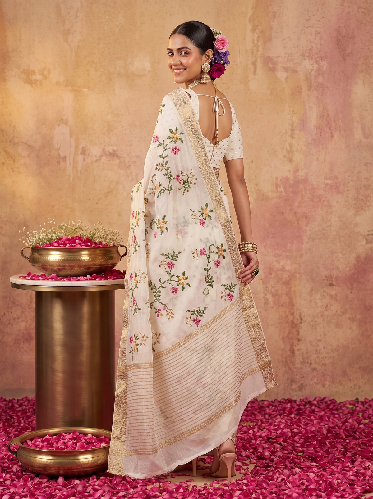 MIMOSA White Jaipur Saree — pose 7 styling detail