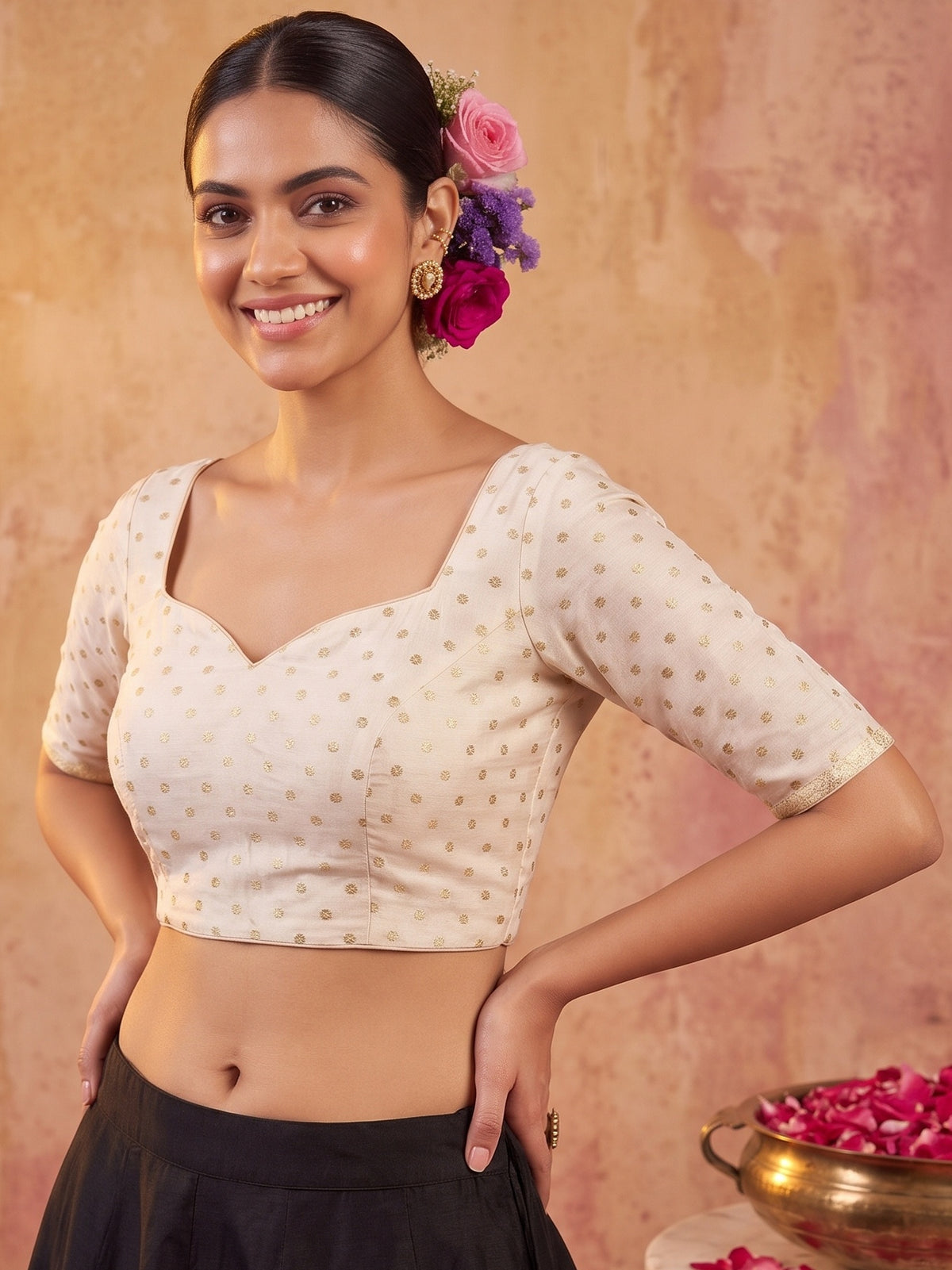 MIMOSA White Jaipur Saree — blouse close-up