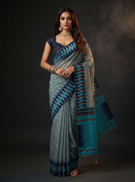 MIMOSA Blue Banarasi Cotton Saree — AI Model lifestyle pose