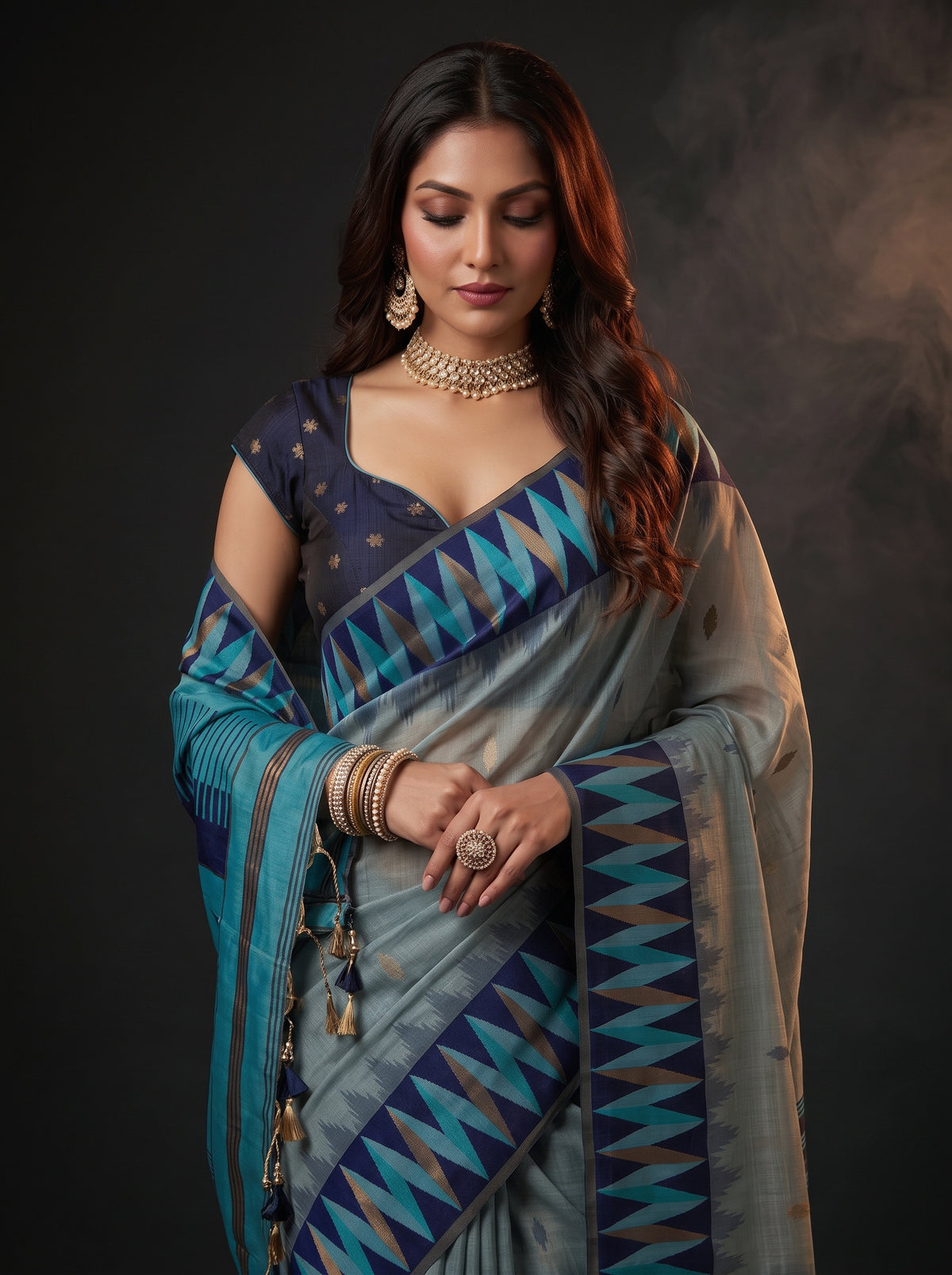 MIMOSA Blue Banarasi Cotton Saree — pose 10 styling detail