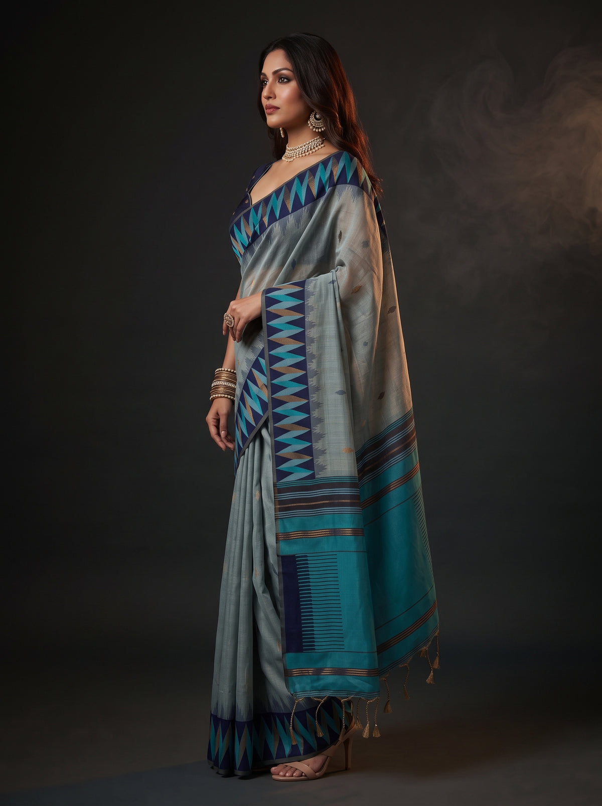 MIMOSA Blue Banarasi Cotton Saree — pose 3 styling detail