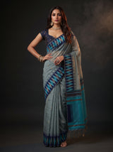 MIMOSA Blue Banarasi Cotton Saree — pose 4 styling detail