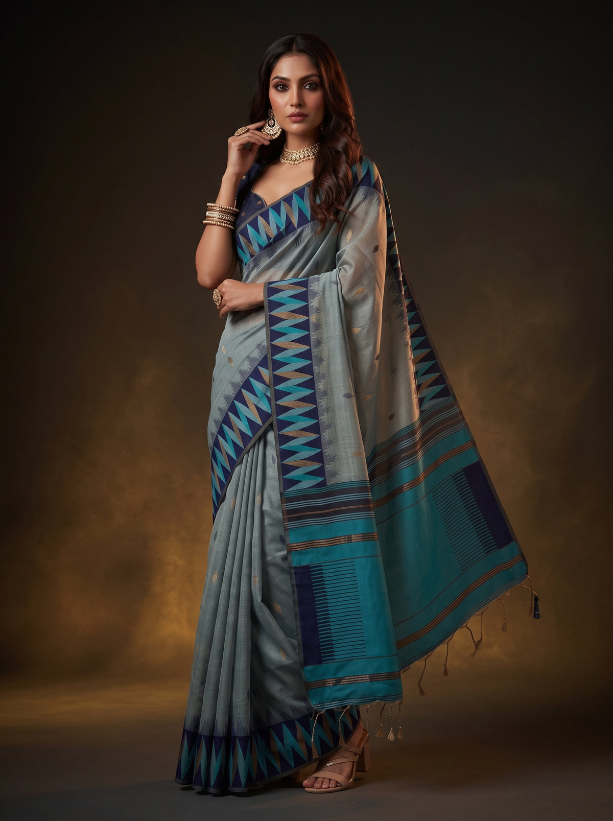 MIMOSA Blue Banarasi Cotton Saree — pose 5 styling detail
