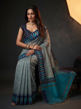 MIMOSA Blue Banarasi Cotton Saree — pose 8 styling detail