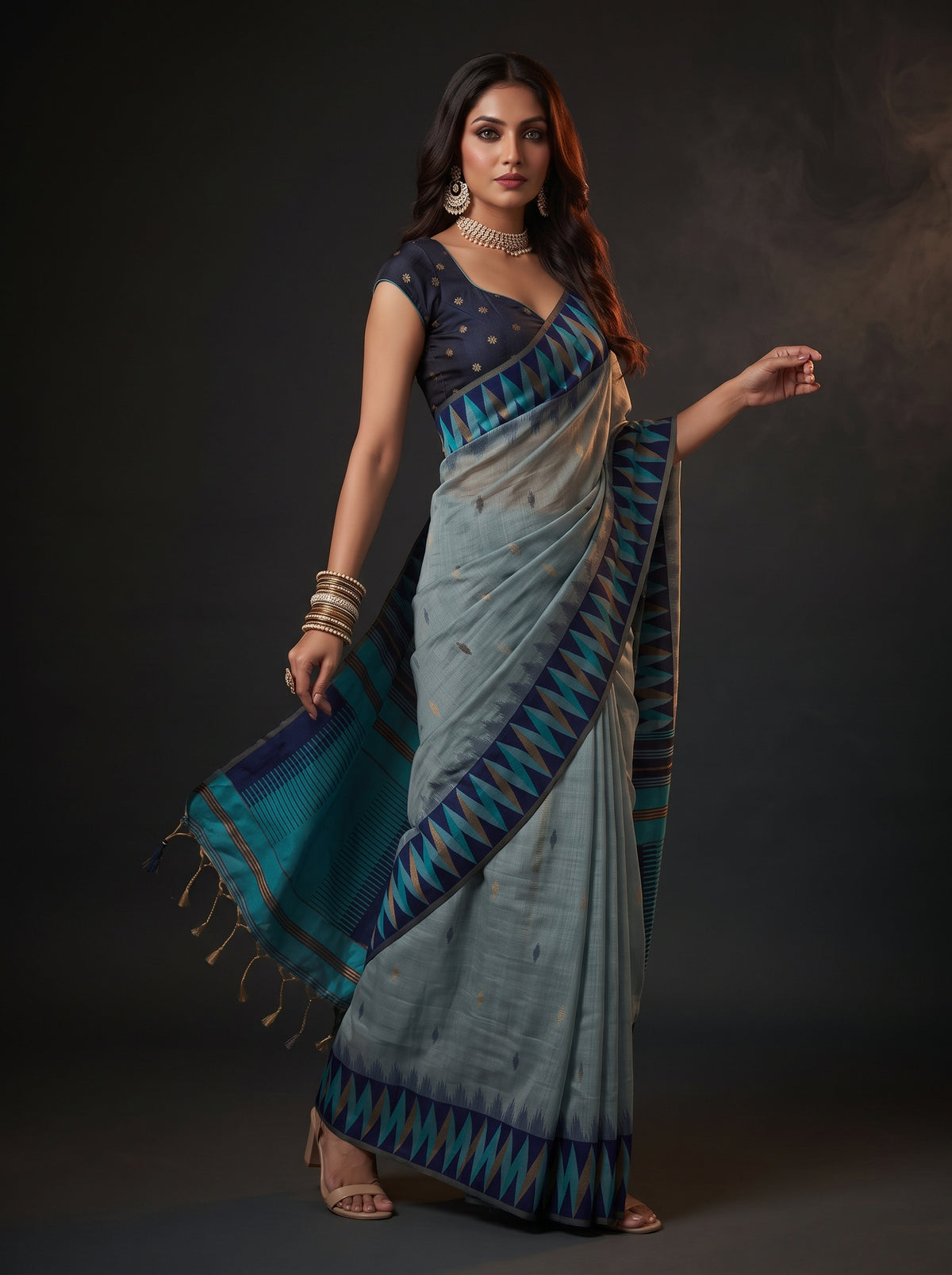 MIMOSA Blue Banarasi Cotton Saree — pose 9 styling detail