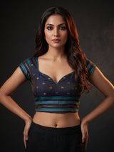 MIMOSA Blue Banarasi Cotton Saree — blouse close-up