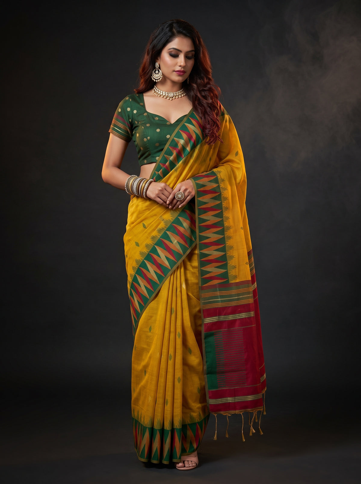 MIMOSA Mustard Banarasi Cotton Saree — AI Model lifestyle pose