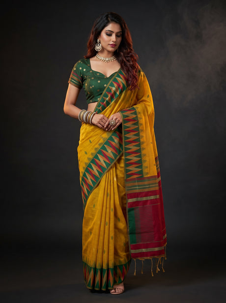 MIMOSA Mustard Banarasi Cotton Saree — AI Model lifestyle pose