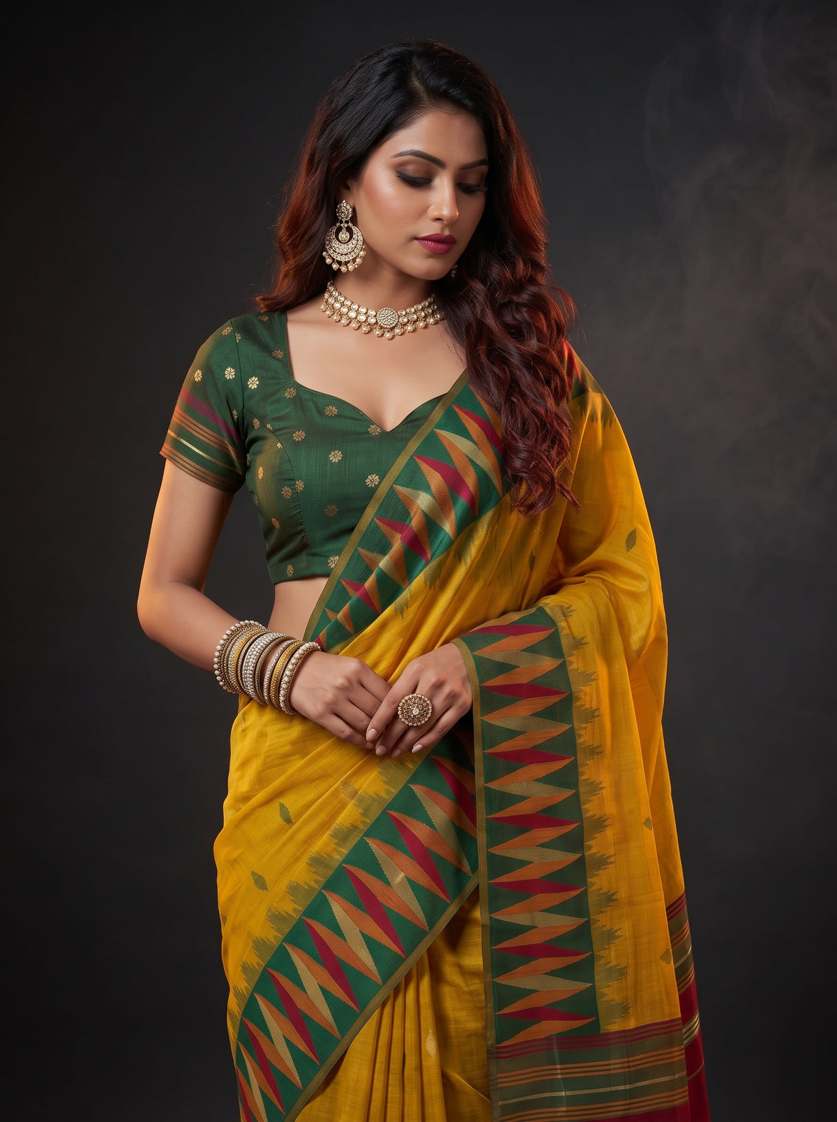 MIMOSA Mustard Banarasi Cotton Saree — pose 10 styling detail