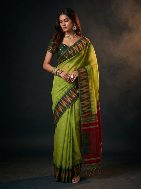 MIMOSA Parrot Green Banarasi Cotton Saree — AI Model lifestyle pose