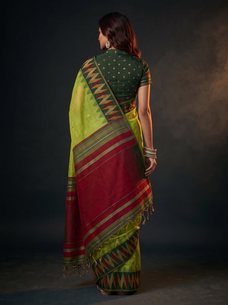 MIMOSA Parrot Green Banarasi Cotton Saree — Saree shot pallu and body