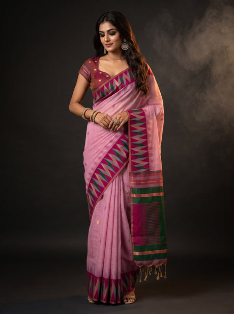 MIMOSA Pink Banarasi Cotton Saree — AI Model lifestyle pose