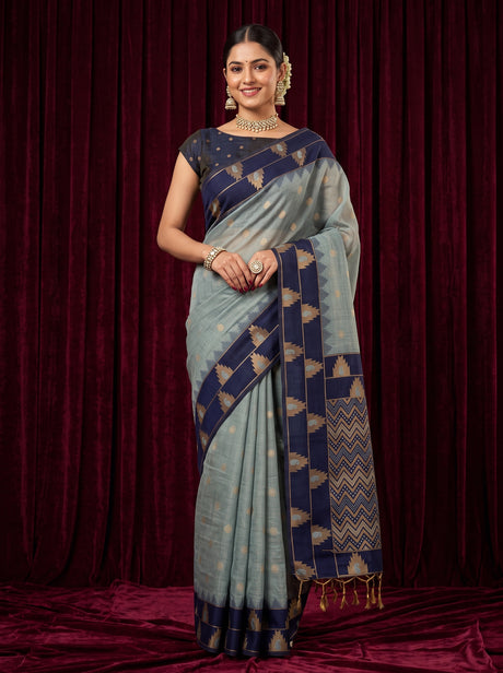 MIMOSA Grey Banarasi Cotton Saree — AI Model lifestyle pose