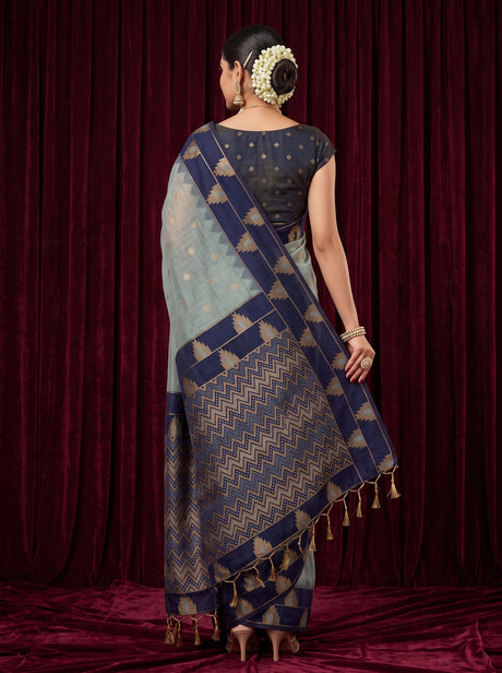 MIMOSA Grey Banarasi Cotton Saree — Pallu and body shot