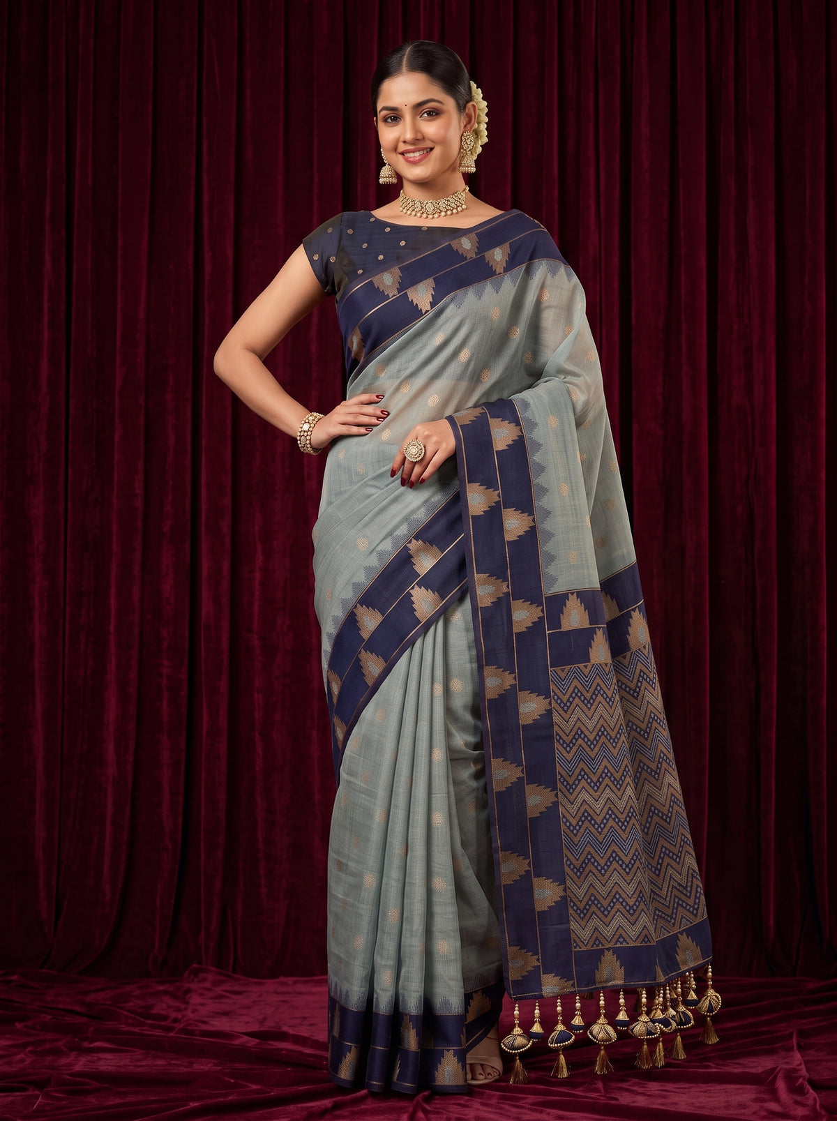 MIMOSA Grey Banarasi Saree — pose 4 styling detail