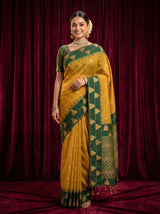 MIMOSA Mustard Banarasi Cotton Saree — AI Model lifestyle pose