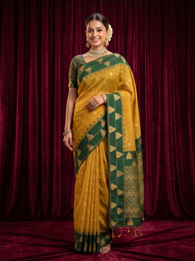 MIMOSA Mustard Banarasi Cotton Saree — AI Model lifestyle pose