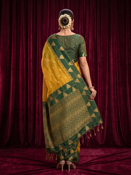 MIMOSA Mustard Banarasi Cotton Saree — Pallu and body shot