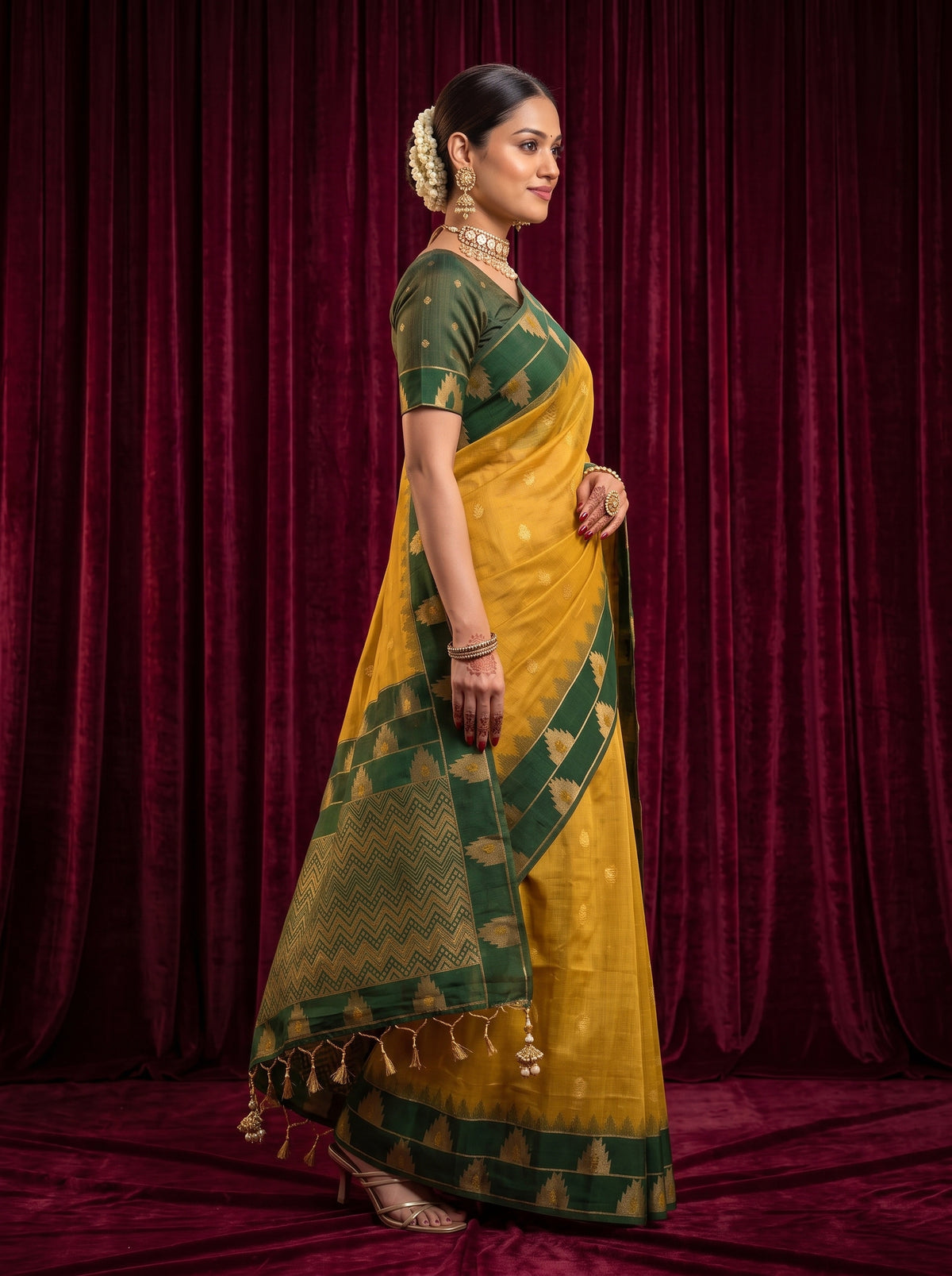 MIMOSA Mustard Banarasi Saree — pose 3 styling detail