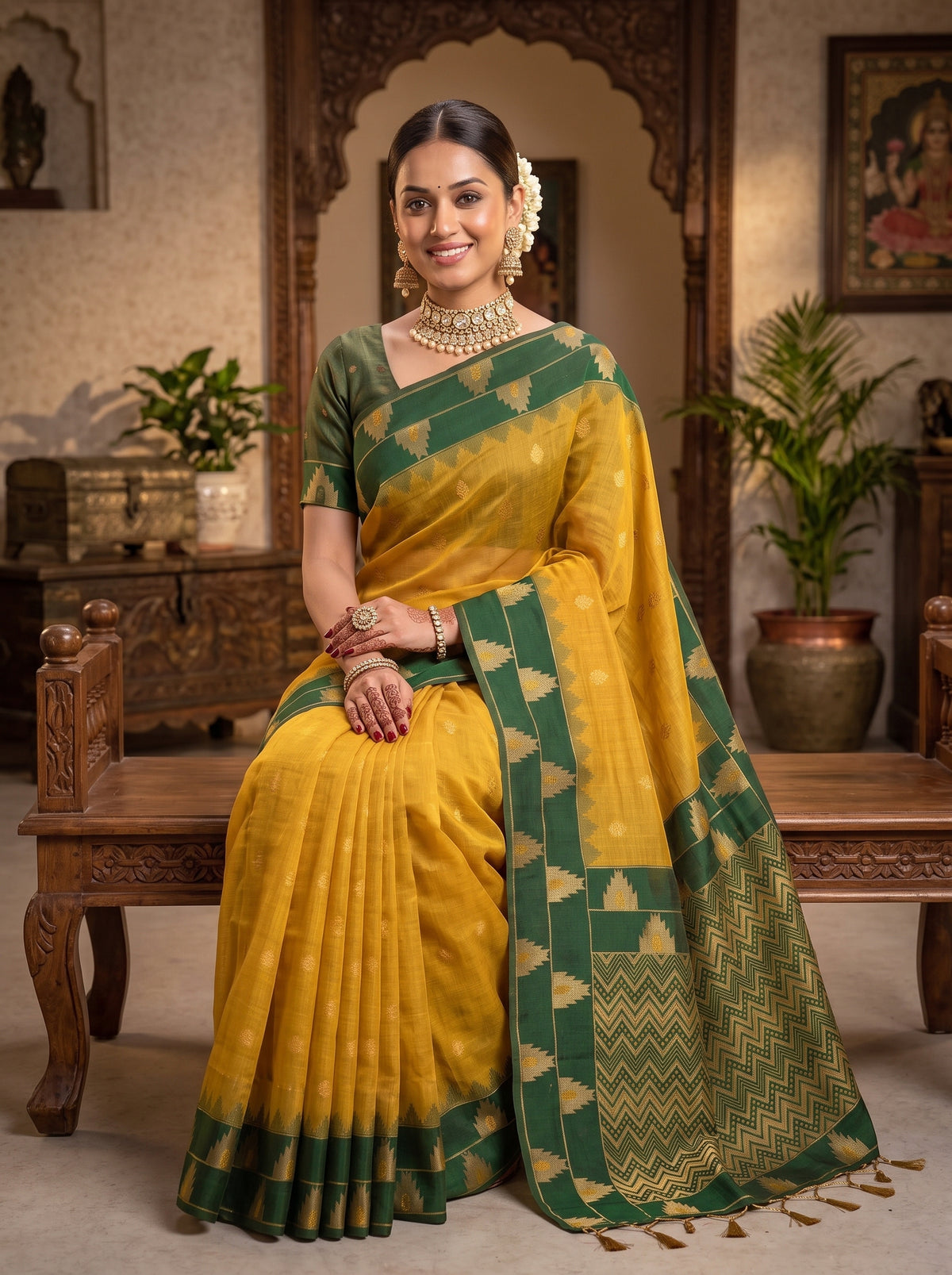 MIMOSA Mustard Banarasi Saree — pose 8 styling detail