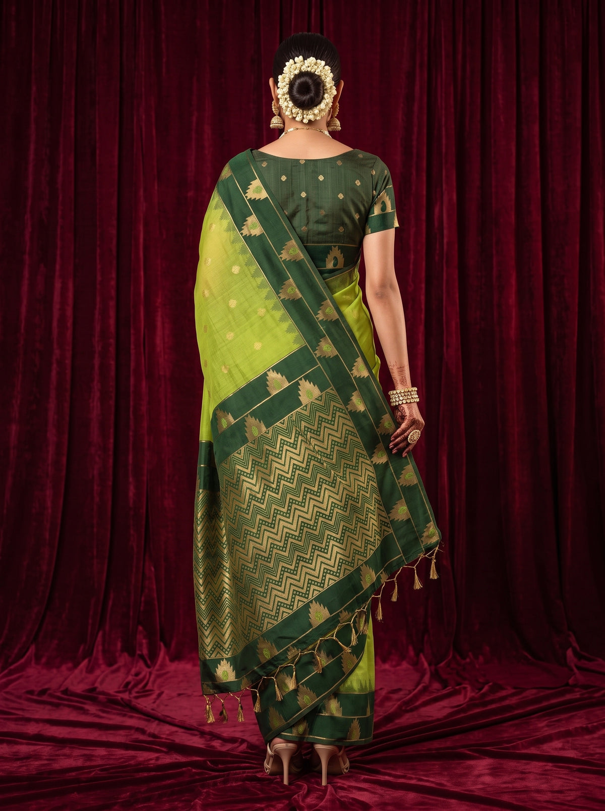 MIMOSA Parrot Green Banarasi Cotton Saree — Pallu and body shot