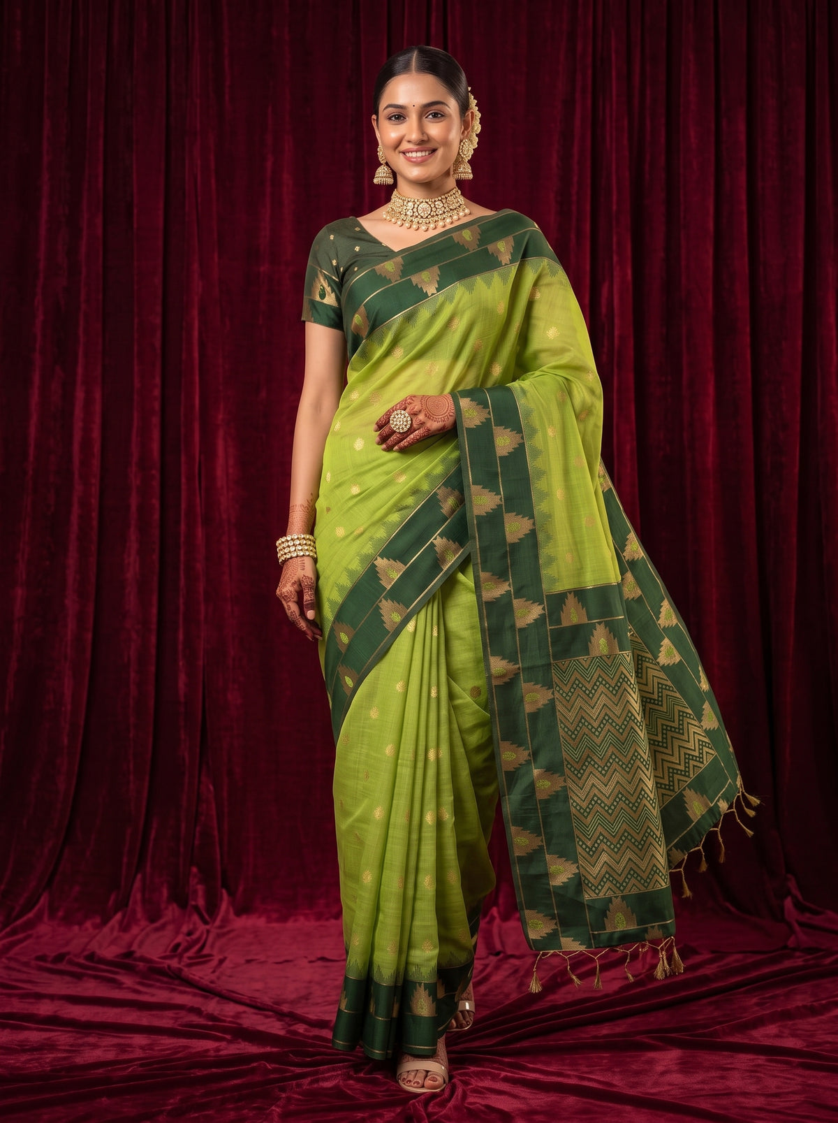 MIMOSA Parrot Green Banarasi Saree — pose 6 styling detail