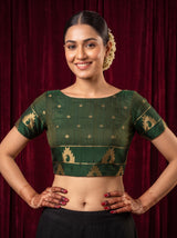 MIMOSA Parrot Green Banarasi Saree — blouse close-up