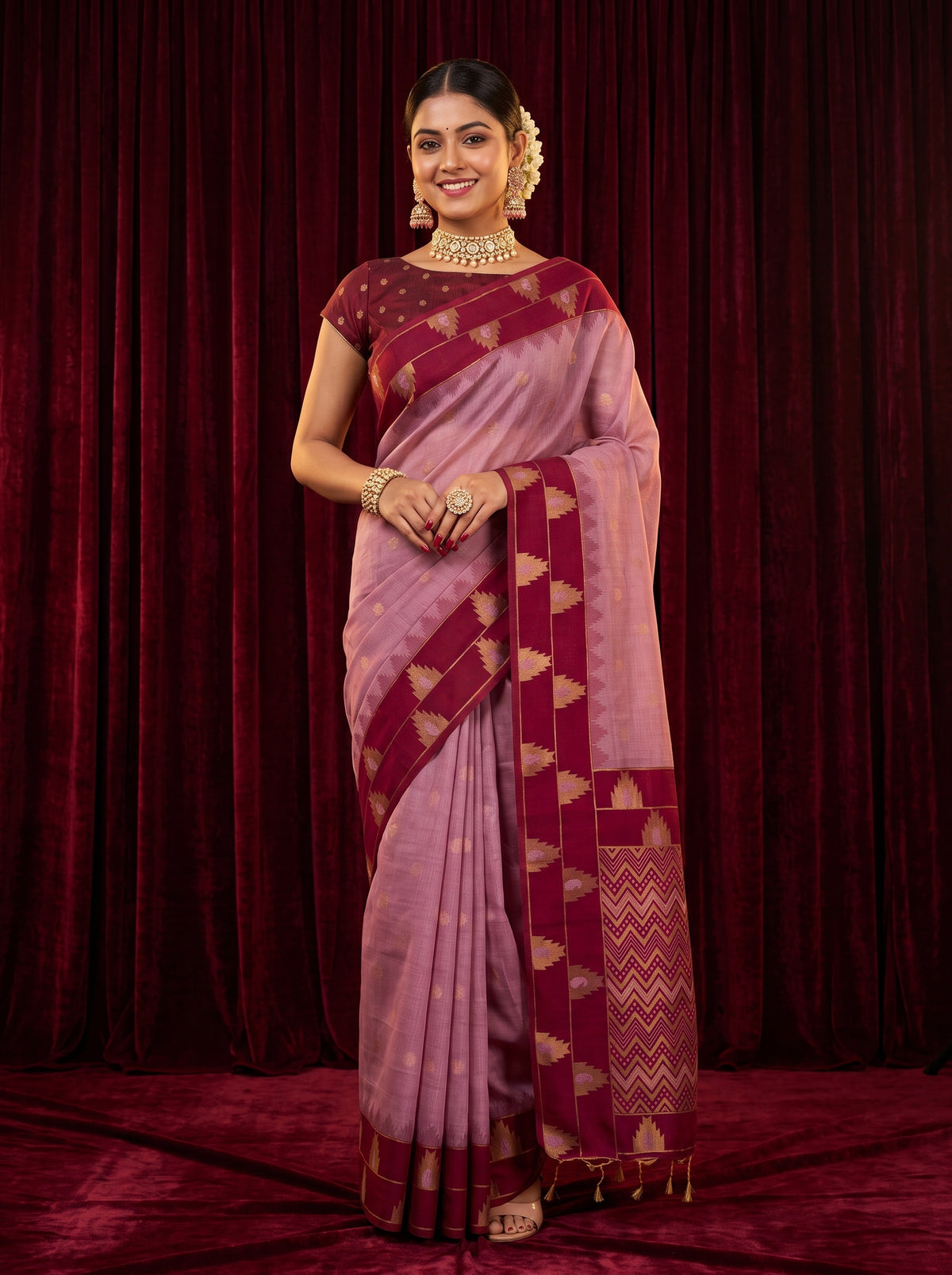 MIMOSA Pink Banarasi Cotton Saree — AI Model lifestyle pose