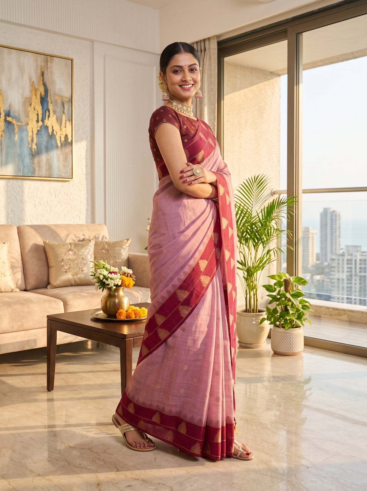 MIMOSA Pink Banarasi Saree — pose 10 styling detail