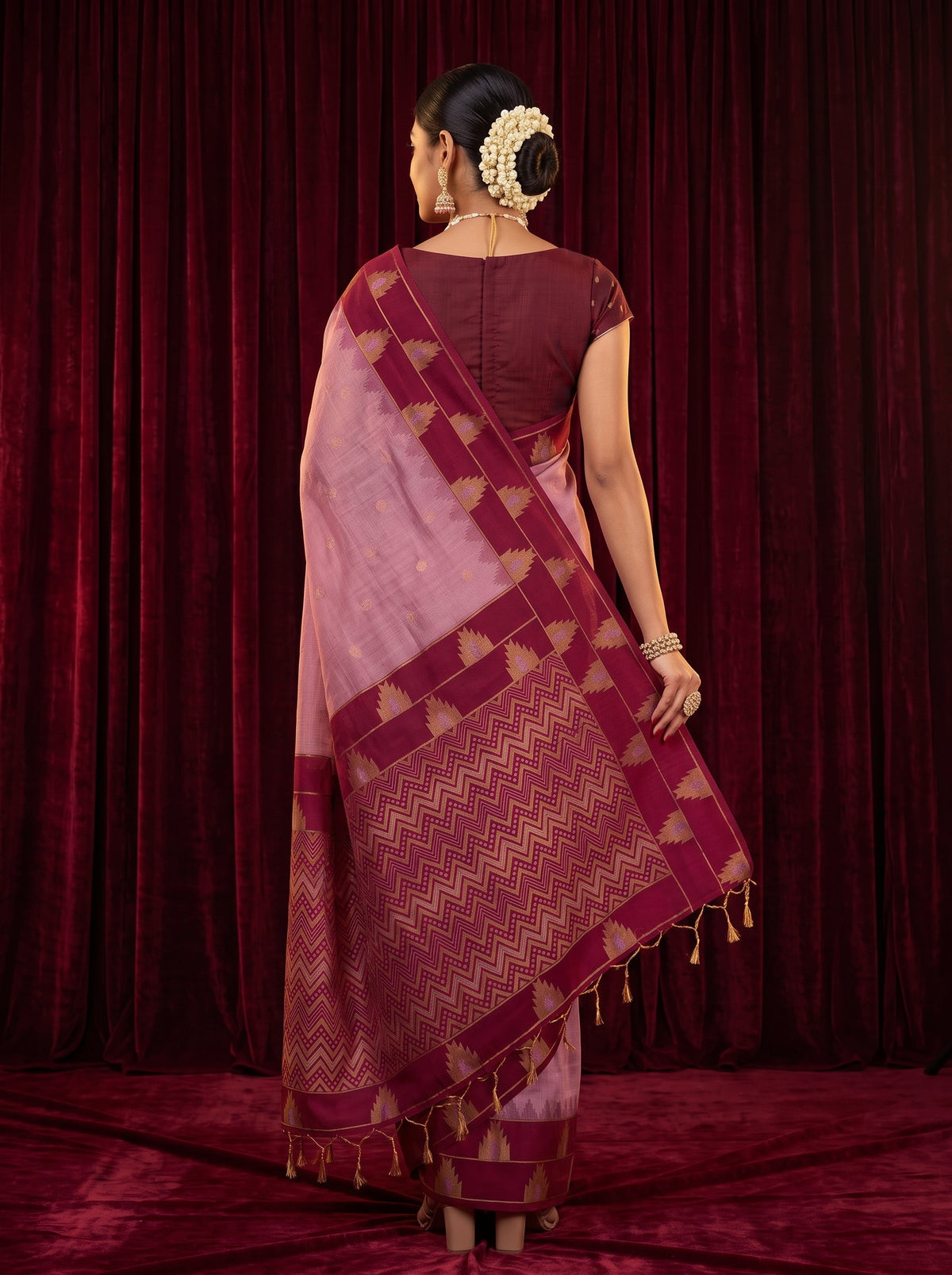 MIMOSA Pink Banarasi Cotton Saree — Pallu and body shot