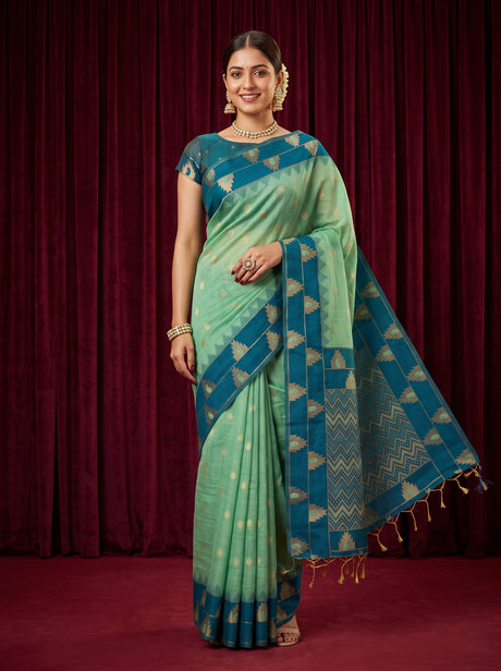 MIMOSA Rama Banarasi Cotton Saree — AI Model lifestyle pose