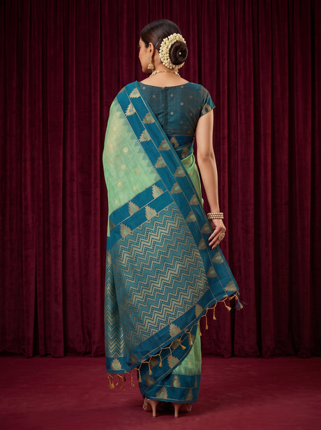 MIMOSA Rama Banarasi Cotton Saree — Pallu and body shot