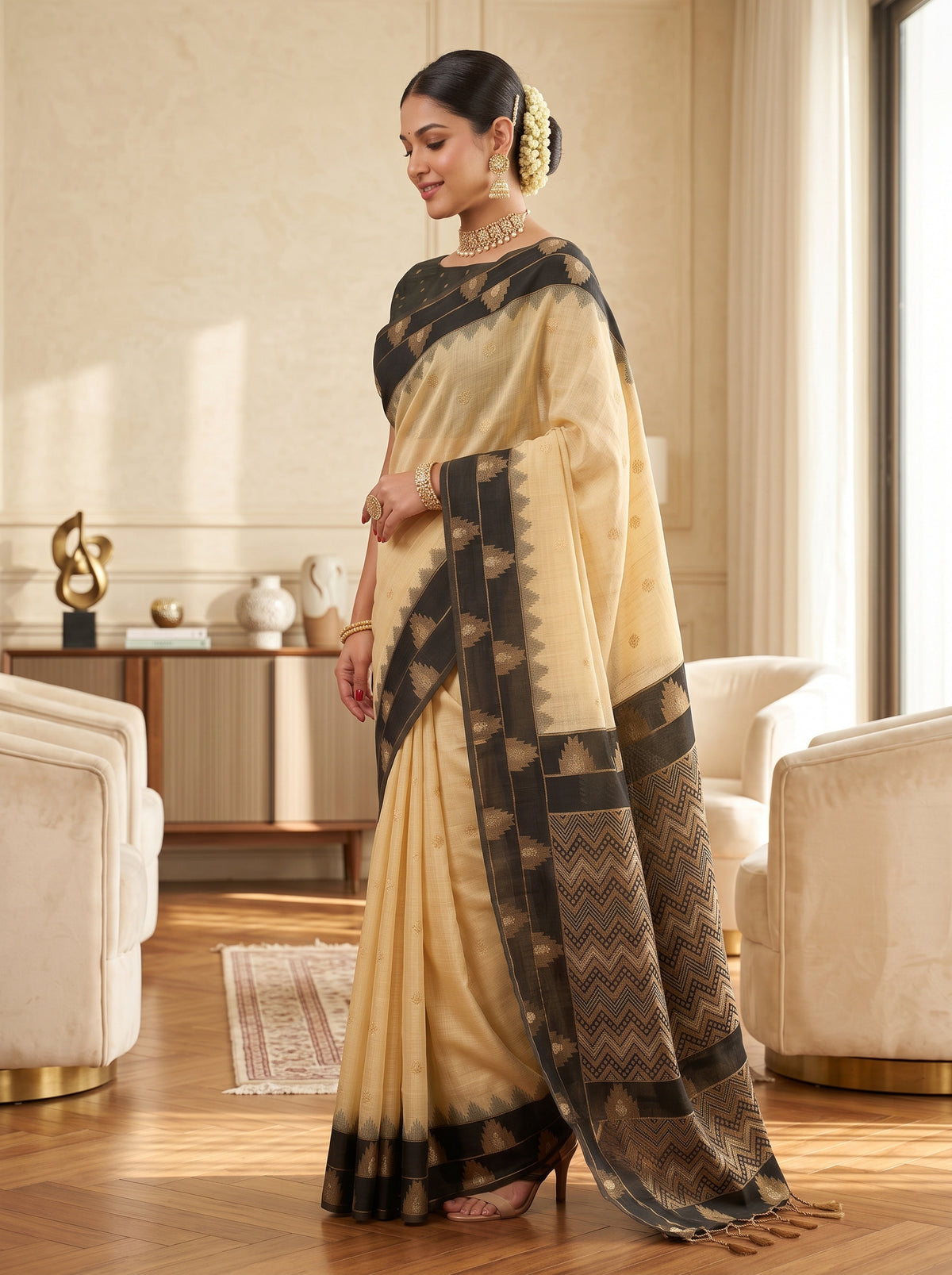 MIMOSA Tussar Banarasi Saree — pose 3 styling detail
