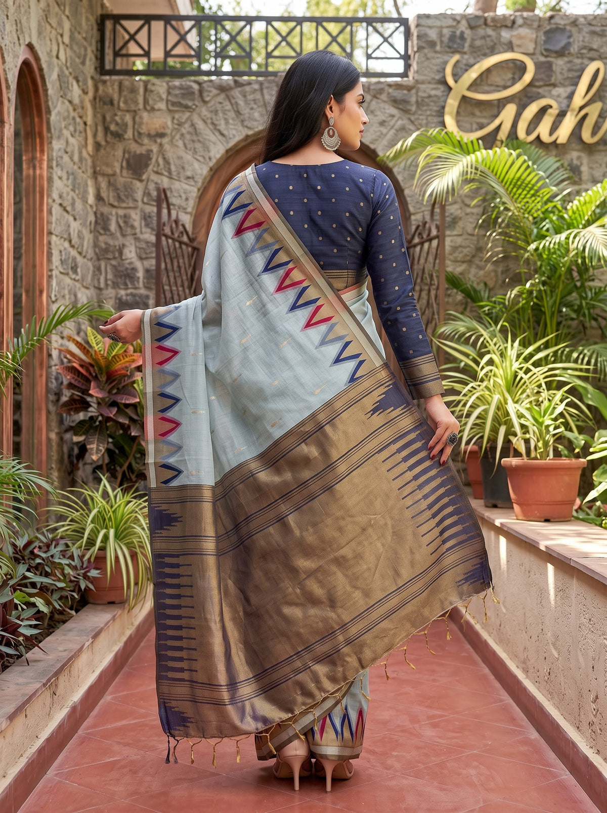 MIMOSA Grey Banarasi Saree — pose 2 styling detail