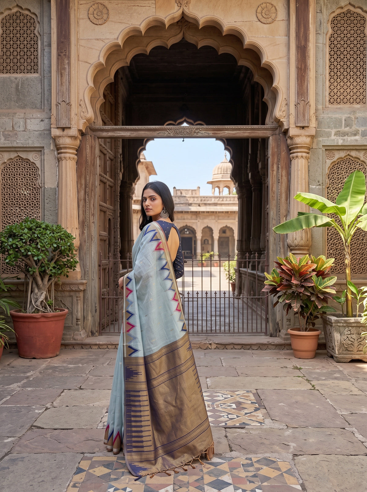 MIMOSA Grey Banarasi Saree — pose 7 styling detail