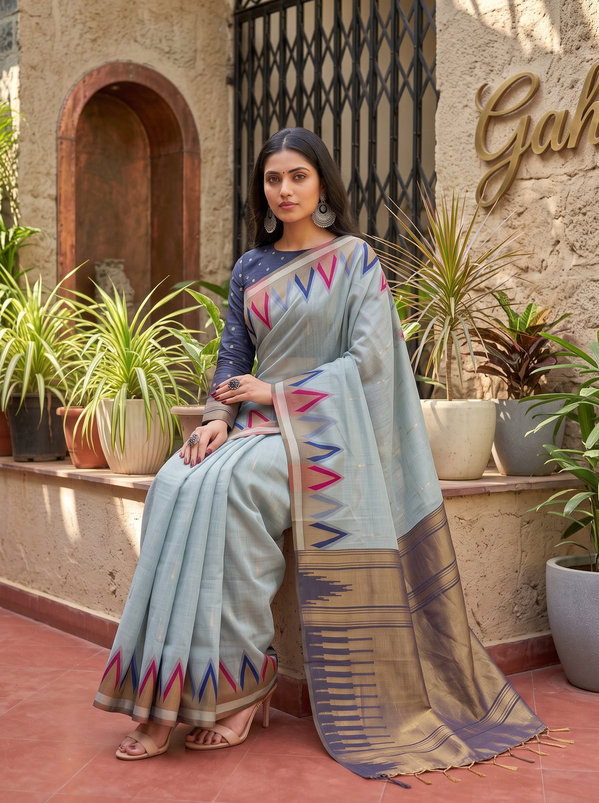 MIMOSA Grey Banarasi Saree — pose 8 styling detail