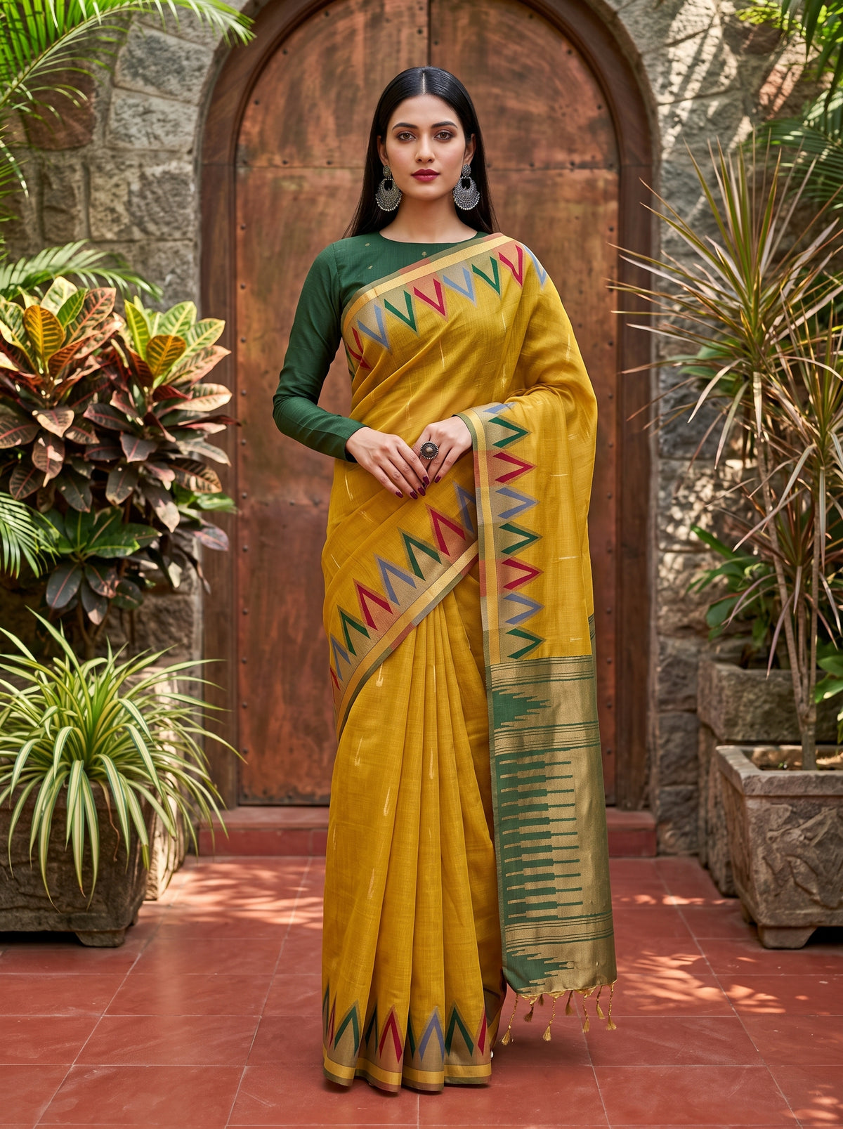 MIMOSA Mustard Banarasi Saree — front view on mannequin